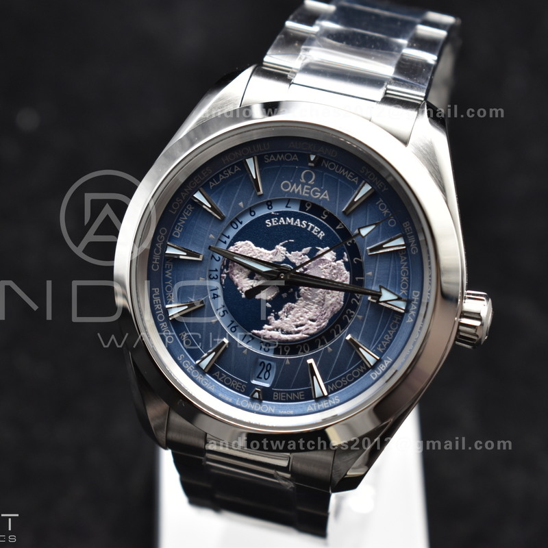 Aqua Terra GMT Worldtimer 43mm VSF 1:1 Best Edition Summer Blue Dial On Stainless Bracelet A8938 Super Clone